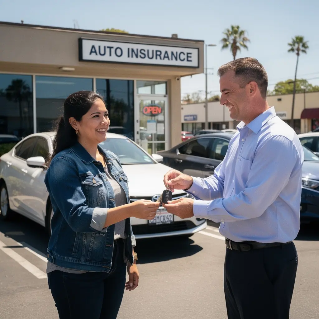 Biuro ubezpieczeń samochodowych z uśmiechniętym doradcą w tle